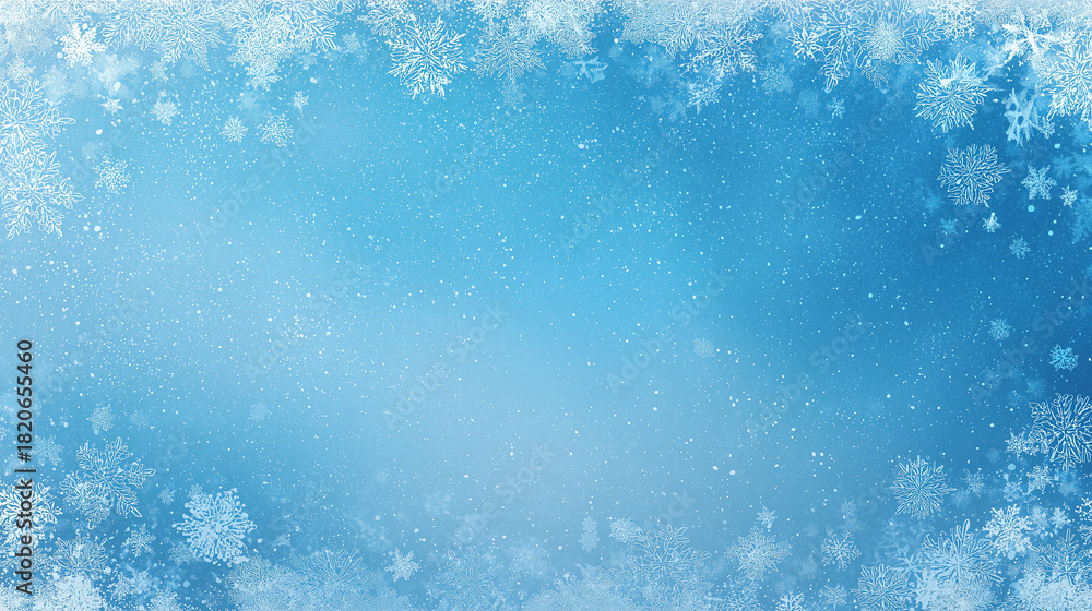 Fototapeta premium Frozen winter theme, icy blue gradient background, frosted edges with crystalline snowflakes, subtle shimmer effect
