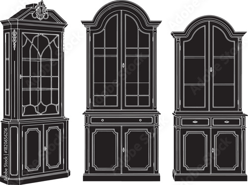 Three black silhouette antique display cabinets with glass doors furniture vintage