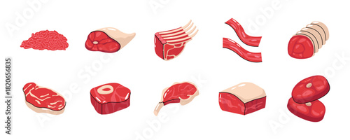 Fresh Meat Cuts Vector Illustration Set, Raw Beef and Lamb Cuts Illustration Collection