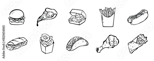 Hand Drawn Fast Food Doodle Set, Junk Food and Takeaway Meal Line Art Collection