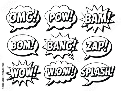 Illustration of nine comic book speech bubbles with action words inside