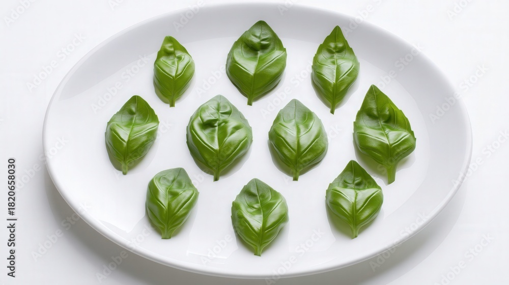 Obraz premium Fresh basil leaves arranged on white plate isolated. Generative AI