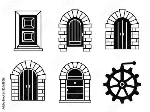 Illustration of various door designs and a gear wheel in black and white