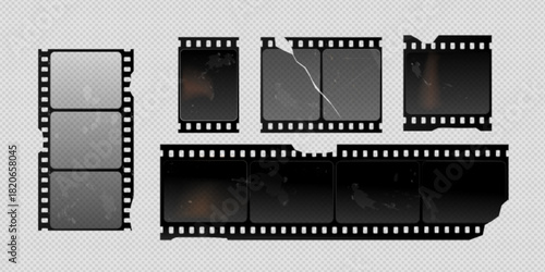 Torn vintage film strips set isolated on transparent background. Vector realistic illustration of old photo or movie frames with damaged edges, retro camera borders, black filmstrip, cinema filmmaking