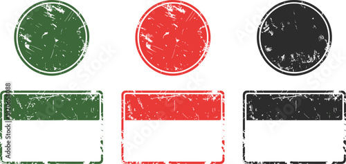 Grunge stamp icon set, circular and rectangular distressed shapes, red green black texture graphics, vintage design elements