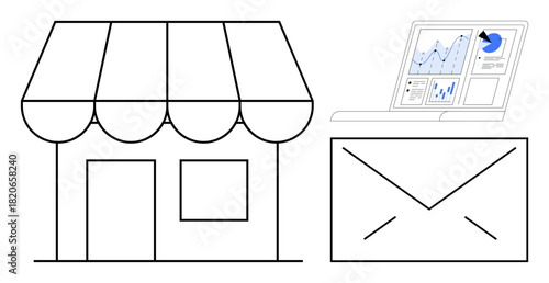 Storefront, email envelope, and graphing laptop emphasize marketing, customer communication, and growth strategies. Ideal for business promotions, analytics, ecommerce, trends online engagement