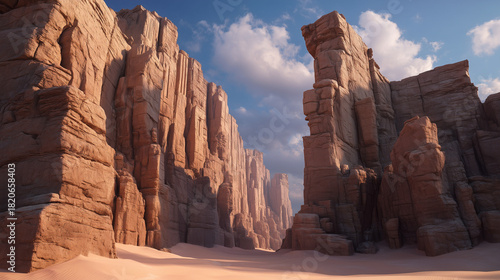 Formasi tebing batu raksasa berwarna kemerahan menjulang di atas lembah pasir yang tenang, diterangi cahaya lembut matahari gurun yang menciptakan kontras dramatis pada teksturnya.