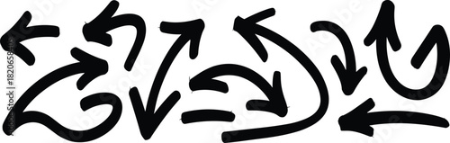 Hand-drawn arrow icon set, thick black directional symbols, expressive movement graphic, abstract flow design elements