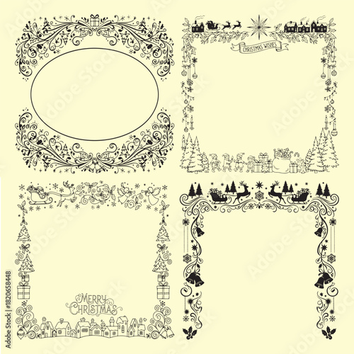 Vintage Christmas Frame Set with Storybook Holiday Borders, Reindeer Sleighs and Festive Line Art Decorations