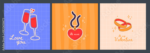 Love locket and wedding symbols on color background. Vector cartoon illustration of heart shape pendant on necklace, clinking wine glasses, golden engagement rings, cute vintage Valentine Day cards