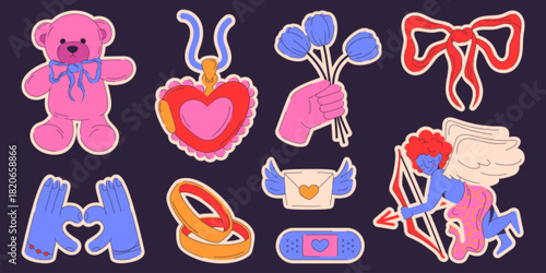 Groovy love and romance stickers pack. Contemporary vector illustration of cute teddy bear, heart locket, flowers, romantic letter, golden rings, funny angel with bow and arrow, Valentine Day symbols