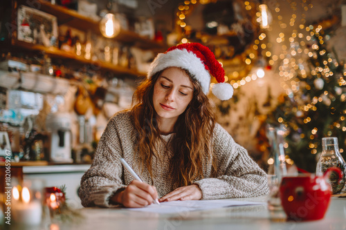 Cute Caucasian child girl teen writes a letter to Santa Claus in a festively decorated house before Christmas