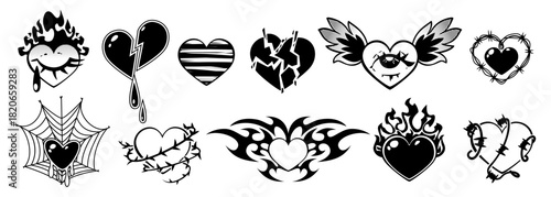 Goth heart tattoo designs with y2k gothic emo elements - broken hearts, winged symbols, barbed wire frames and burning icons. Black vector art set with tribal fire flames for dark romantic style