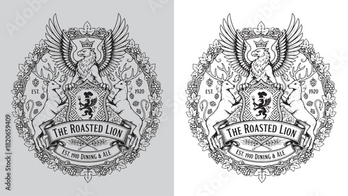 Vintage Pub Sign Crest: Roasted Lion, Griffin, Deer, Hops, Grapes, and Established 1910