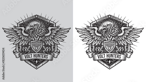 Cyberpunk Eagle Emblem: Volt Hunters, Wifi Shield, and Circuit Board Hexagon Logo