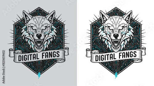Digital Fangs Wolf Logo: Cybernetic Canine, Circuit Board Hexagon, and Glowing Eyes