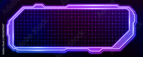 Tech grid HUD frame with cyber interface elements - purple and blue gradient neon border on dark background. Futuristic holographic UI panel with glowing sci fi screen design for gaming display.