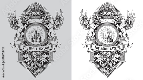 Medieval Castle Crest: Winged Lions, Crown, Gothic Arch, and The Noble Asylum Banner