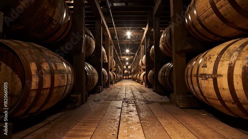 Whiskey barrel aging cellar wooden barrels storage distillery cellar aging process dark cellar bourbon barrels