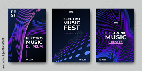 Electro music poster with abstract sound wave design and vibrant gradient background. Dynamic festival flyer template with geometric lines and neon elements for concert, party or DJ event promotion.