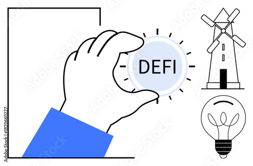 Hand holds decentralized finance coin, placed near windmill for sustainability and lightbulb for ideas. Ideal for blockchain, renewable energy, innovation, finance, technology, investment