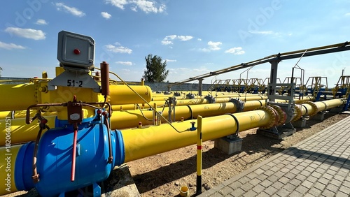 The photo shows yellow and blue gas pipes with black stripes that enter the ground from above. Gas is supplied through the pipes under high pressure.