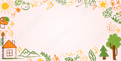 Colorful kindergarten border with crayon and paint doodles - playful school diploma frame for kids. Childish preschool graduation template with fun shapes, stars, flowers and cheerful design.