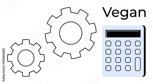 Two gears and a calculator paired with the word Vegan, combining themes of efficiency, technology, decision-making, sustainability, system functionality, environmentally conscious lifestyles