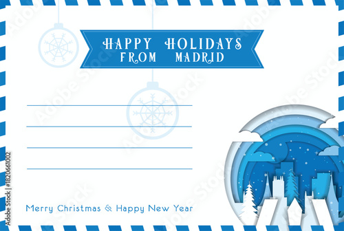 From Madrid Happy Winter Holidays postal card template. Vector blank postcard illustration for Christmas, New Year celebration with landmarks, message space layout