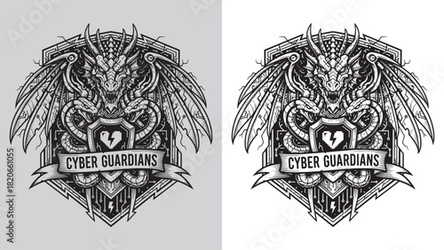 Fierce Multi-Headed Dragon Cyber Guardians Tech Shield Logo Engraving