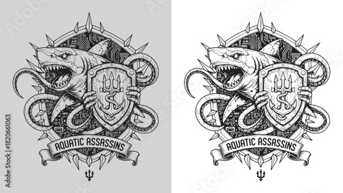 Aggressive Shark and Octopus Tentacles Aquatic Assassins Tech Shield Logo Engraving