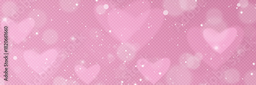 Pink bokeh heart background with glitter and sparkle effects. Love themed transparent gradient pattern with light elements, cute pastel colors and romantic dreamy atmosphere for Valentine Day design.