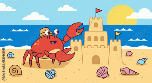 Crab Building a Sandcastle
Flat vector crab on the beach making a sandcastle, seashells around
