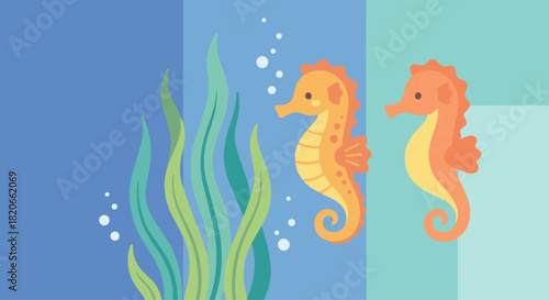 Seahorse Floating Near Seaweed
Flat vector seahorse gently floating beside tall seaweed, small bubbles rising
