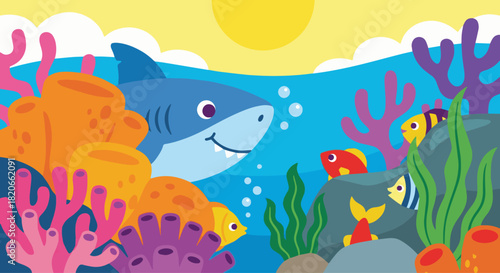 Shark and Fish Playing Hide-and-Seek
Flat vector friendly shark peeking behind a coral while small fish hide