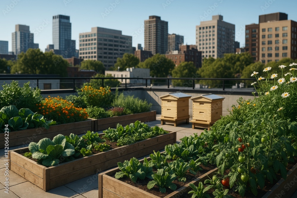 Fototapeta premium Rooftop urban garden with vegetables, flowers, and beehives under clear sky with city buildings in background on a bright summer day. Ai generative