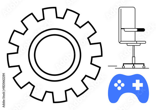 Large gear, blue gaming controller, ergonomic office chair. Ideal for productivity, creativity, work-life balance, innovation, technology gaming culture strategy. A simple flat metaphor