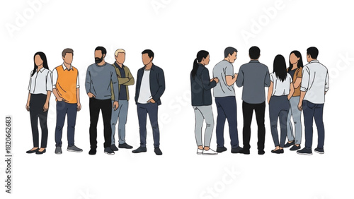 Group of People Standing in Two Groups Conversing and Interacting in a Line