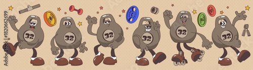 Groovy retro cartoon kettlebell mascot character set with 32 weights and vintage gym vibes. Playful fitness themed illustrations with athletic tools, colorful weight plates, dumbbells and stars.