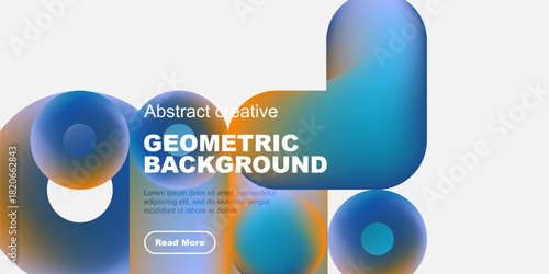 Abstract geometric background features vibrant blue, orange shapes. Text overlay includes sample content, button. Minimalist design.