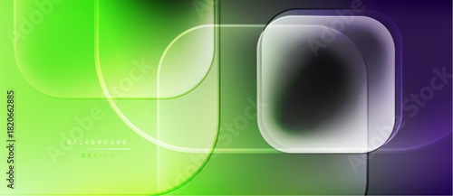 Abstract gradient shapes overlap. Vivid green transitions to purple. Modern design elements create dynamic visual effect.