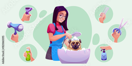 Pet grooming salon vector illustration with woman groomer bathing dog in spa. Cartoon puppy haircut and wash service concept. Professional pet care with shampoo, brush and grooming tools banner.