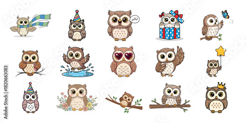 Collection of cute cartoon owls in various poses and outfits isolated on white