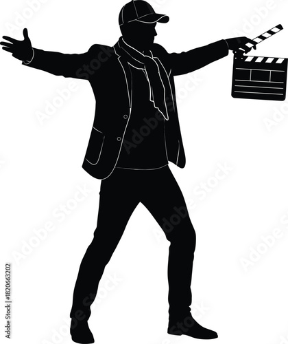 Silhouette of a man in a hat directing traffic with a flag