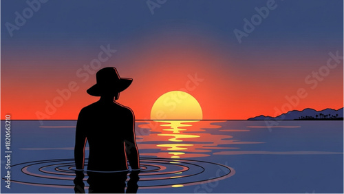 Silhouette of a person in water with a hat enjoying the sunset on the horizon
