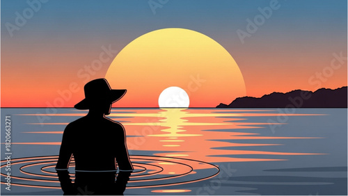 Silhouette of a person in a hat enjoying a tranquil sunset over the calm water