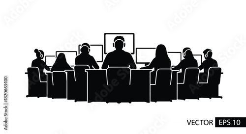 Vector silhouette of a team of people sitting around a conference table with computers in a modern office setting.