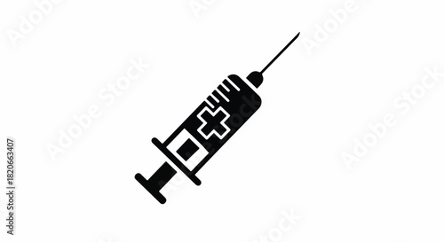 Black silhouette of a medical syringe with a needle on a white background, simple flat design.