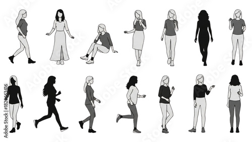 Diverse vector illustrations of women in various motion and static poses, perfect for modern graphic design and character concepts and projects