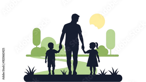 Father holding hands with children in park, family stroll with sunshine